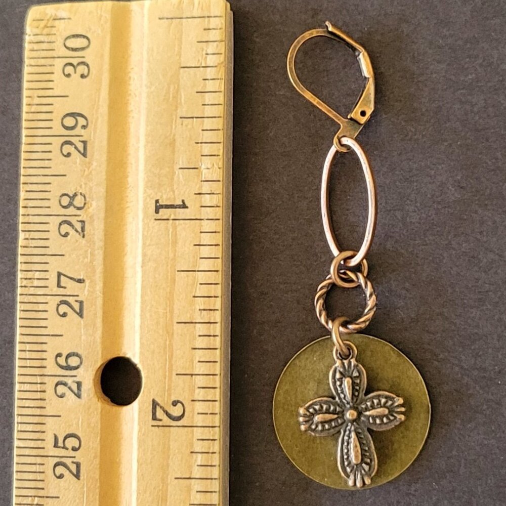 Beautiful Copper Bronze CROSS Charm Coin Lever Back Earrings Faith, Hope, Love - Picture 4 of 8